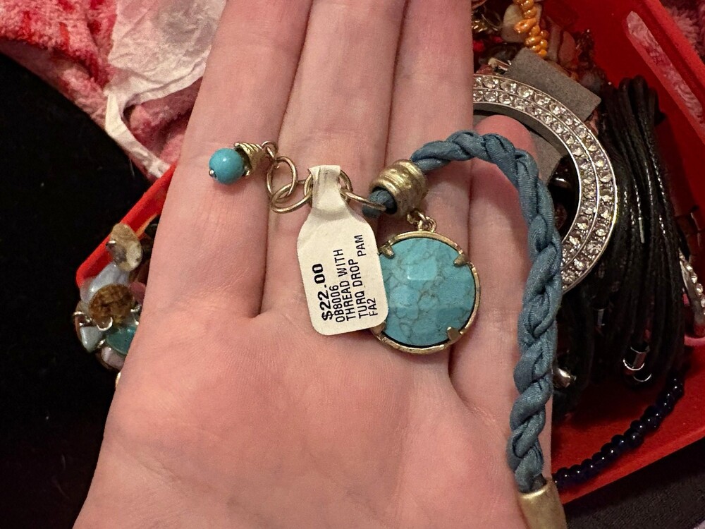 Blue Cord Rope Chain Bracelet with Round Turquoise Dangle Charm Prong Set